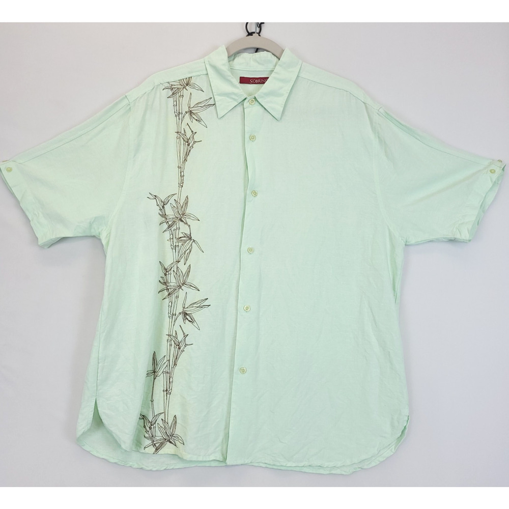 Sobrino Button Down Shirt Linen Blend Embroidered Men XL Mint Color Short Sleeve